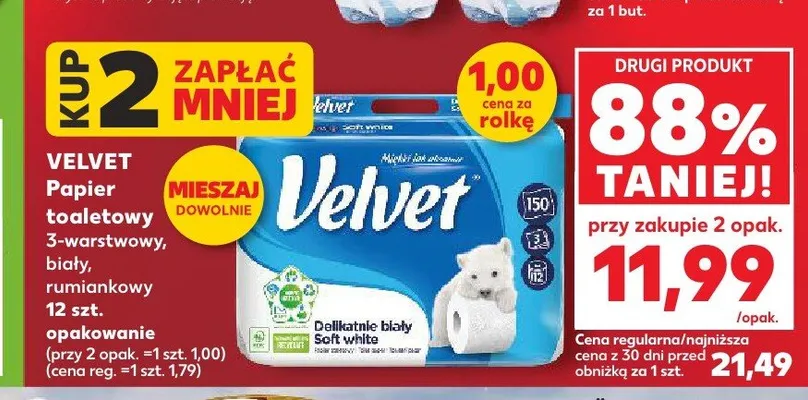 Papier toaletowy Velvet biały promocja w Kaufland