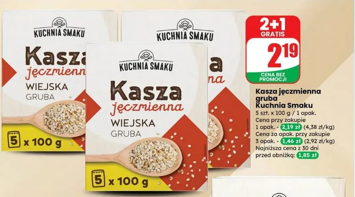 Kasza jęczmienna gruba 5x100 g 2+1 GRATIS promocja w Dino