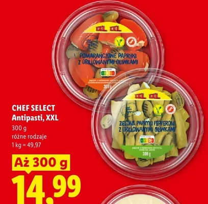 Antipasti Chef Select zielone papryki pepperoni z grillowanymi oliwkami XXL promocja w Lidl
