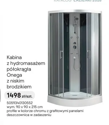 Kabina z hydromasażem półokrągła Onega z niskim brodzikiem 90x90x215 cm promocja w Castorama