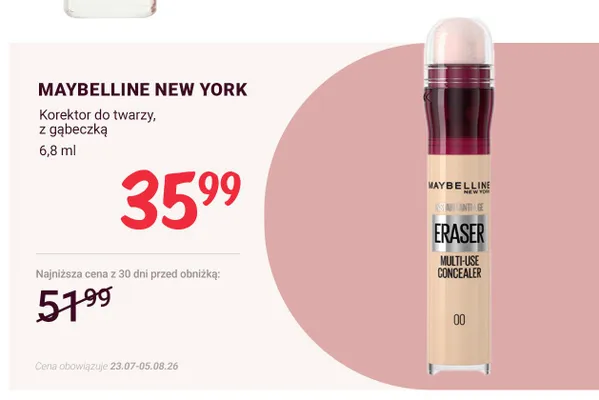 Korektor do twarzy z gąbeczką Maybelline New York Instant Anti-Age Eraser promocja w Rossmann