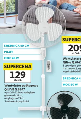 Wentylator podłogowy Qilive Q.6847 średnica 40cm pilot moc 45W wys. 104-123cm nachylana głowica do 15 st. oscylacja do 75 st. 3 ustawienia prędkości promocja w Auchan