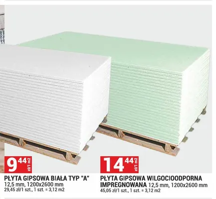Płyta gipsowa wilgocioodporna impregnowana 12,5mm, 1200x2600mm promocja w Merkury Market