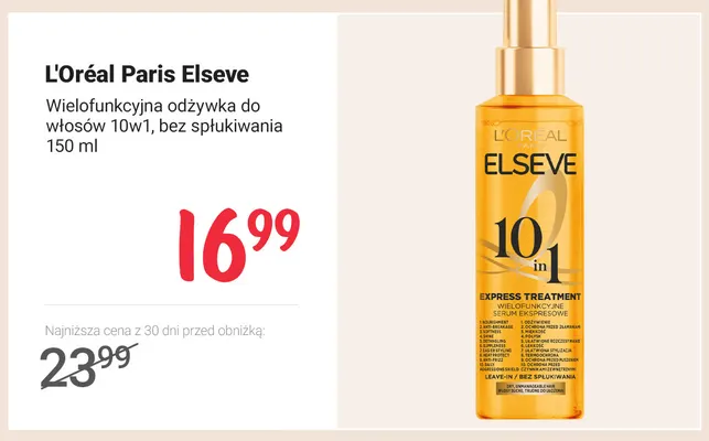 Wielofunkcyjna odżywka do włosów 10w1 bez spłukiwania L'Oréal Paris Elseve promocja w Rossmann
