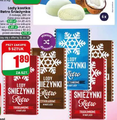 Lody kostka Śnieżynka Retro czekoladowe w waflach promocja w Dino