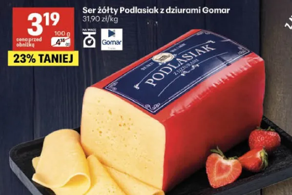 Ser żółty Podlasiak z dziurami promocja w Delikatesy Centrum