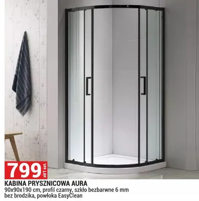 Kabina prysznicowa Aura 90x90x190cm, profil czarny, szkło bezbarwne 6mm bez brodzika, powłoka EasyClean promocja w Merkury Market
