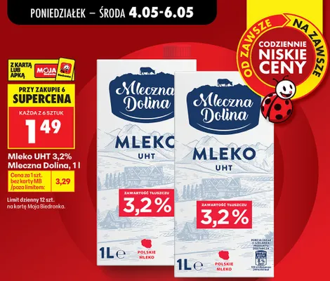 Mleko UHT 3,2% Mleczna Dolina promocja w Biedronka