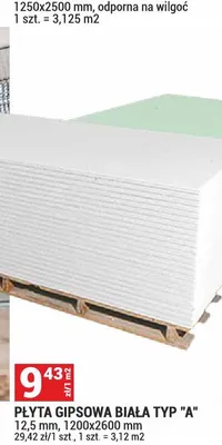 Płyta gipsowa biała typ A 12,5 mm 1200x2600 mm promocja w Merkury Market