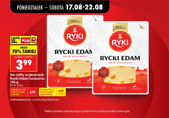 Ser żółty w plastrach Rycki Edam Exclusive Ryki promocja w Biedronka