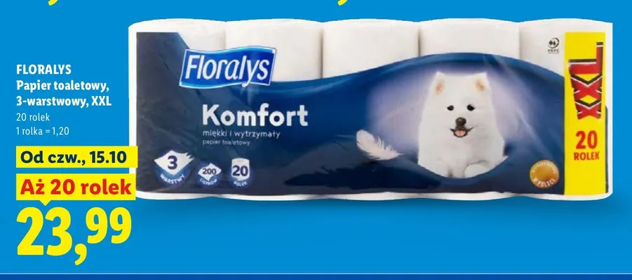 Papier toaletowy 3-warstwowy Floralys Komfort XXL 20-pak promocja w Lidl