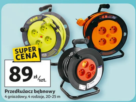 Przedłużacz bębnowy 4 gniazdy, 4 rodzaje, 20-25 m promocja w Auchan