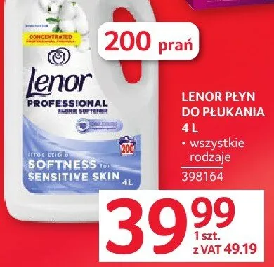 Płyn do płukania Lenor Professional Fabric Softener Softness for Sensitive Skin promocja w Selgros