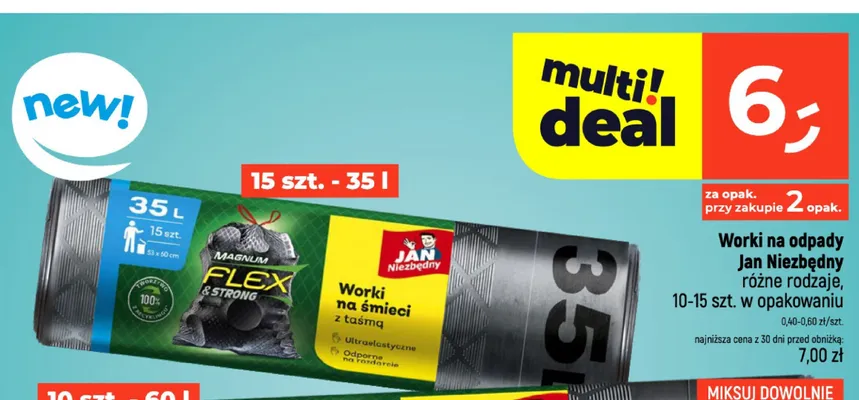 Worki na śmieci z taśmą Jan Niezbędny Magnum Flex & Strong 15-pak 35 l promocja w Dealz