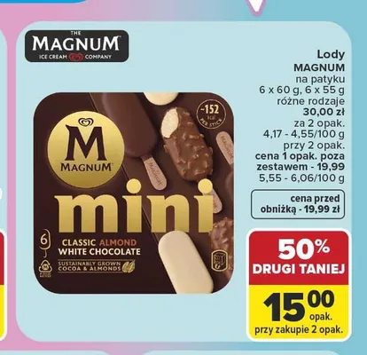 Lody mini Classic Almond White Chocolate Magnum 6-pak promocja w Carrefour