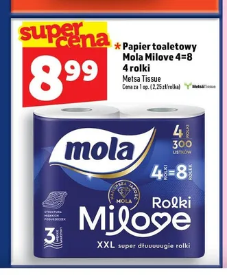 Papier toaletowy Mola Milove 4=8 promocja w TOPAZ