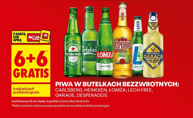 Piwa w butelkach bezzwrotnych 6+6 GRATIS promocja w Biedronka