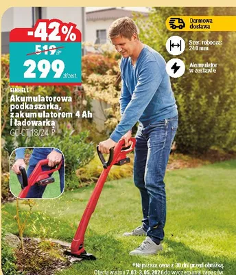 Akumulatorowa podkaszarka, z akumulatorem 4 Ah i ładowarką GRTR/24-1 promocja w Biedronka Home