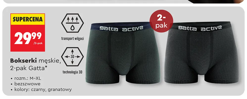 Bokserki męskie bezszwowe 2-pak Gatta Active promocja w Biedronka
