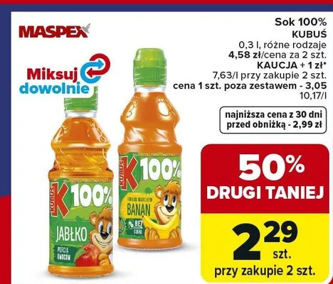 Sok 100% Kubuś jabłko promocja w Carrefour Market