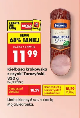 Kiełbasa krakowska z szynki Tarczyński promocja w Biedronka