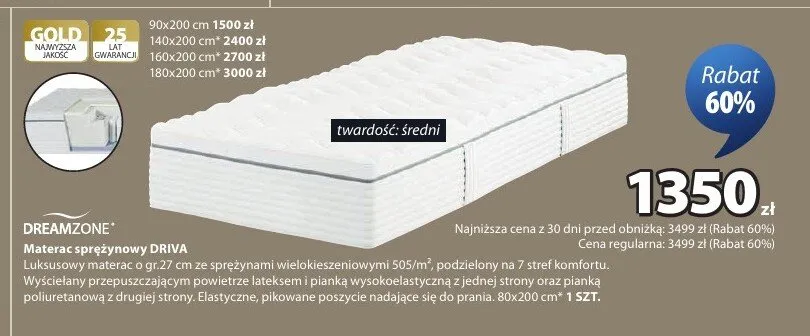 Materac sprężynowy DREAMZONE DRIVA średni 140x200cm promocja w Jysk