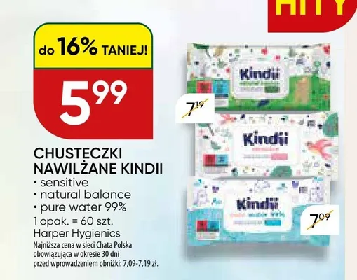 Chusteczki nawilżane Kindii Natural Balance promocja w Chata Polska