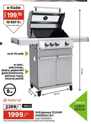 Grill gazowy Naterial 13,5kW HUDSON II 3+1 na 6-10 osób w zestawie pokrowiec deska pojemniki gastronomiczne żeliwny ruszt boczny palnik promocja w Leroy Merlin