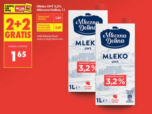 Mleko UHT 3,2% Mleczna Dolina promocja w Biedronka