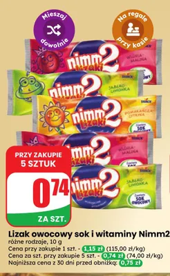 Lizak owocowy sok i witaminy Nimm2 promocja w Dino