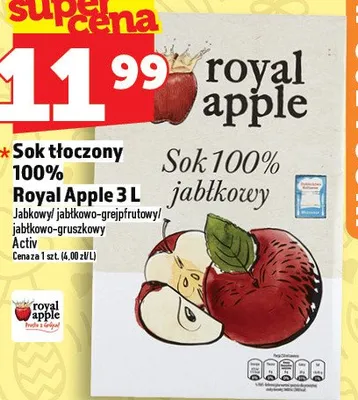 Sok tłoczony 100% Royal Apple 3l promocja w TOPAZ