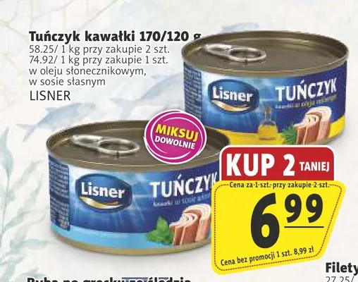 Tuńczyk kawałki w sosie własnym Lisner promocja w Prim Market