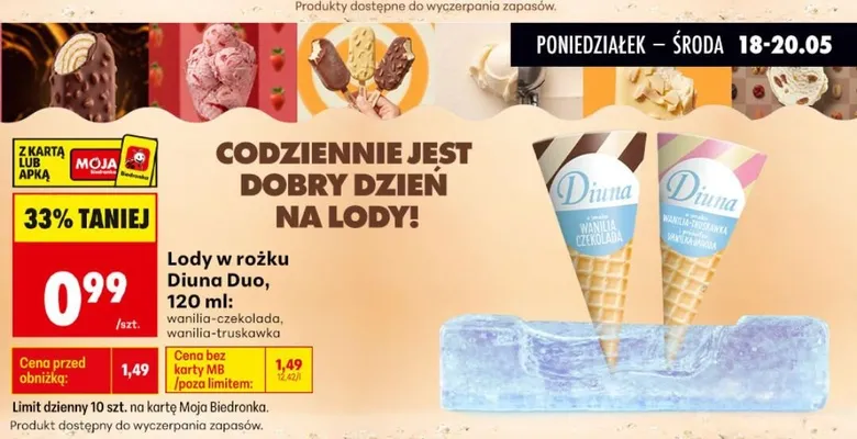 Lody w rożku Diuna Duo promocja w Biedronka