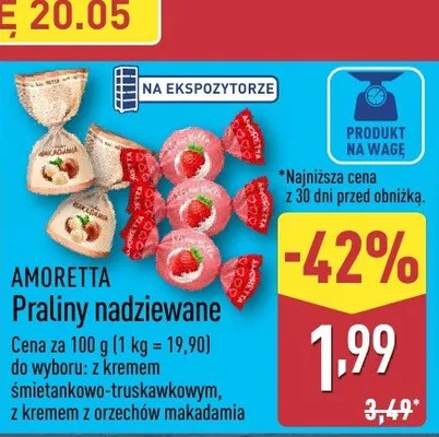 Praliny nadziewane z kremem śmietankowo-truskawkowym AMORETTA promocja w Aldi