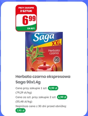 Herbata czarna ekspresowa Saga XXL 90-pak 1,4g promocja w Dino