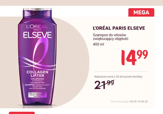 Szampon do włosów zwiększający objętość L'Oréal Paris Elseve promocja w Rossmann