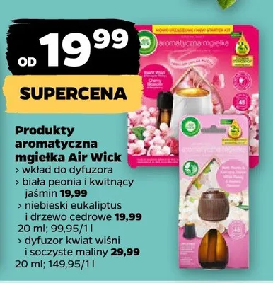 Produkty aromatyczna mgielka Air Wick - wkład do dyfuzora - biała peonia i kwitnący jaśmin, niebieski eukaliptus i drzewo cedrowe, malina i białe kwiaty, soczyste maliny promocja w Netto
