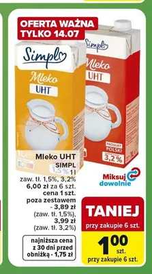 Mleko UHT Simply 3,2% promocja w Carrefour Express