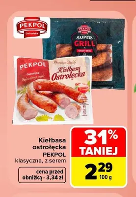 Kiełbasa ostrołęcka z serem Pekpol promocja w Carrefour Market