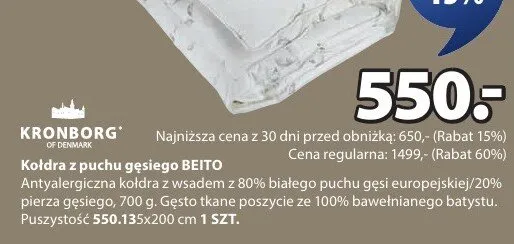 Kołdra z puchu gęsiego BEITO 135x200 cm promocja w Jysk
