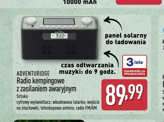 Radio kempingowe z zasilaniem awaryjnym ADVENTURIDGE promocja w Aldi