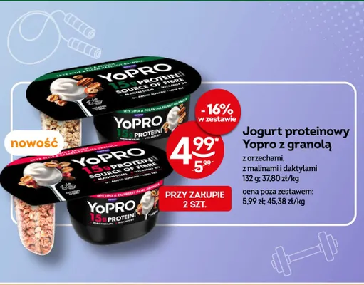 Jogurt proteinowy YoPro z granolą z malinami i daktylami promocja w Żabka