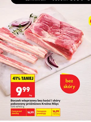 Boczek wieprzowy bez kości i skóry pakowany próżniowo Kraina Mięs promocja w Biedronka