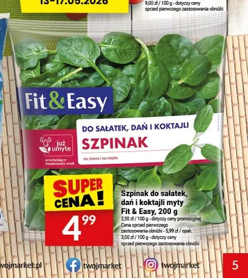 Szpinak do sałatek, dań i koktajli myty Fit & Easy promocja w Twój Market