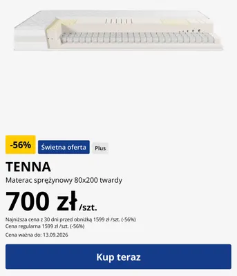 Materac sprężynowy Tenna 80x200 twardy promocja w Jysk