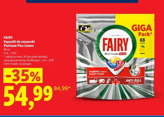 Kapsułki do zmywarki Fairy Platinum Plus Lemon promocja w Lidl