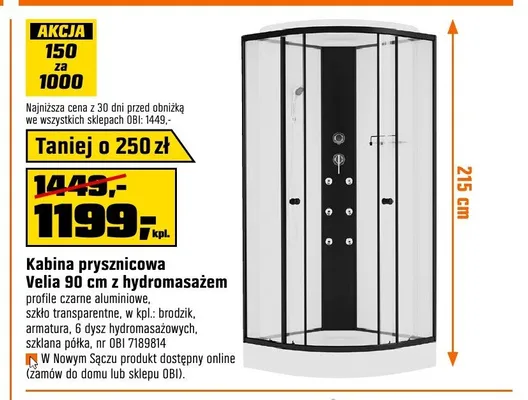 Kabina prysznicowa Velia 90 cm z hydromasażem promocja w OBI