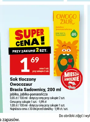 Sok tłoczony Owocozaur jabłko Bracia Sadownicy promocja w Twój Market