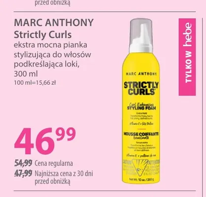 Ekstra mocna pianka stylizująca do włosów podkreślająca loki Strictly Curls Marc Anthony promocja w Hebe