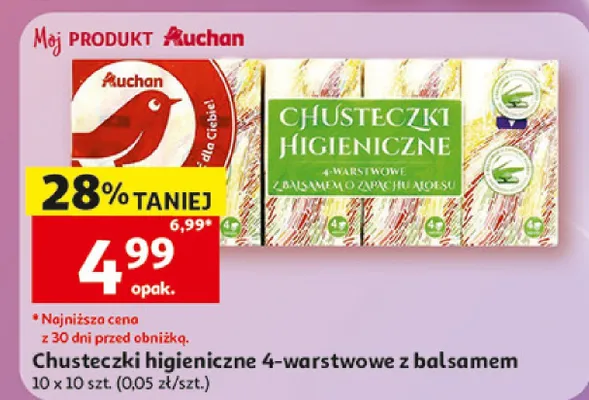 Chusteczki higieniczne 4-warstwowe z balsamem Auchan promocja w Auchan